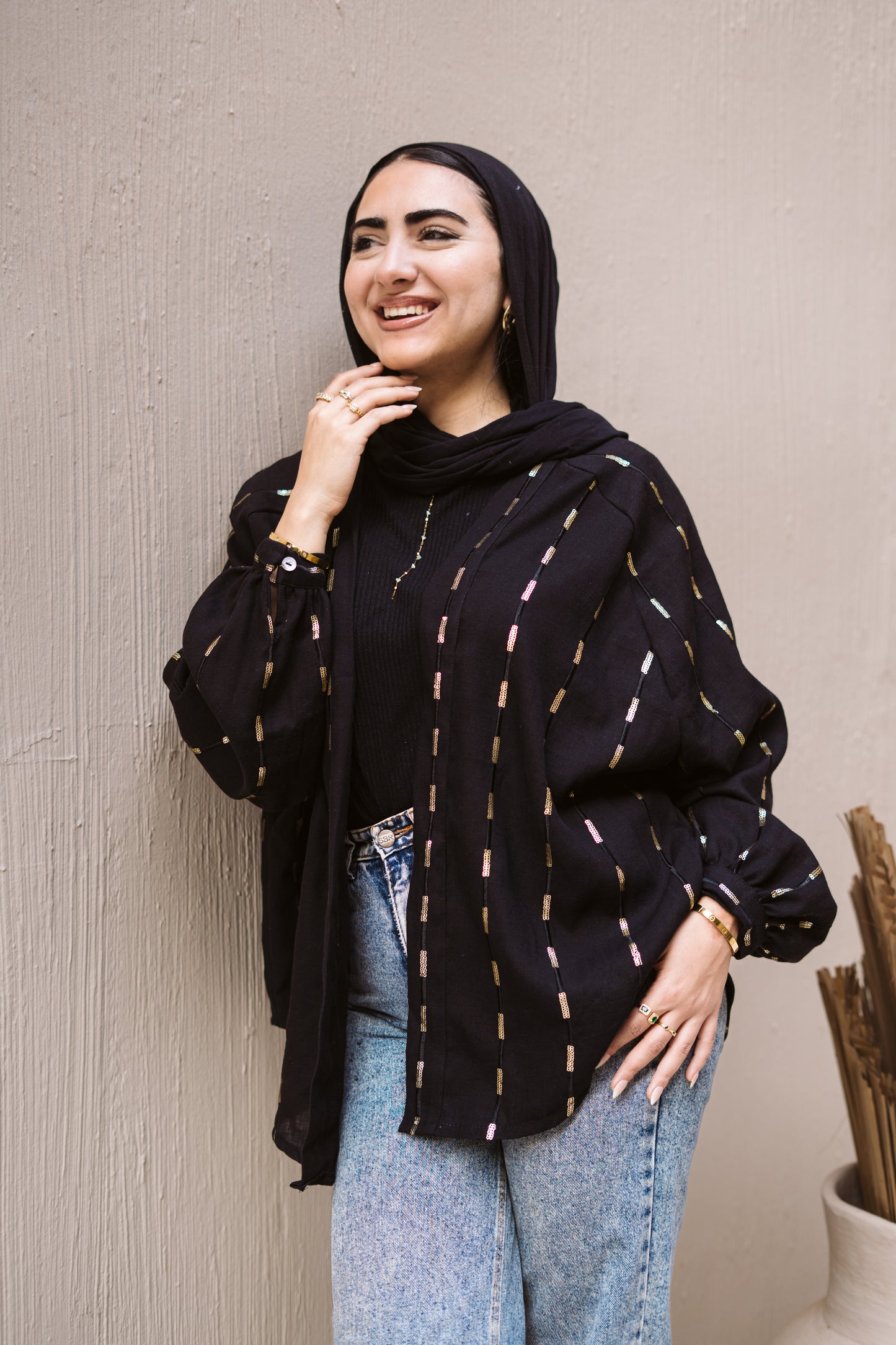 Midnight Black Glow Linen Kimono