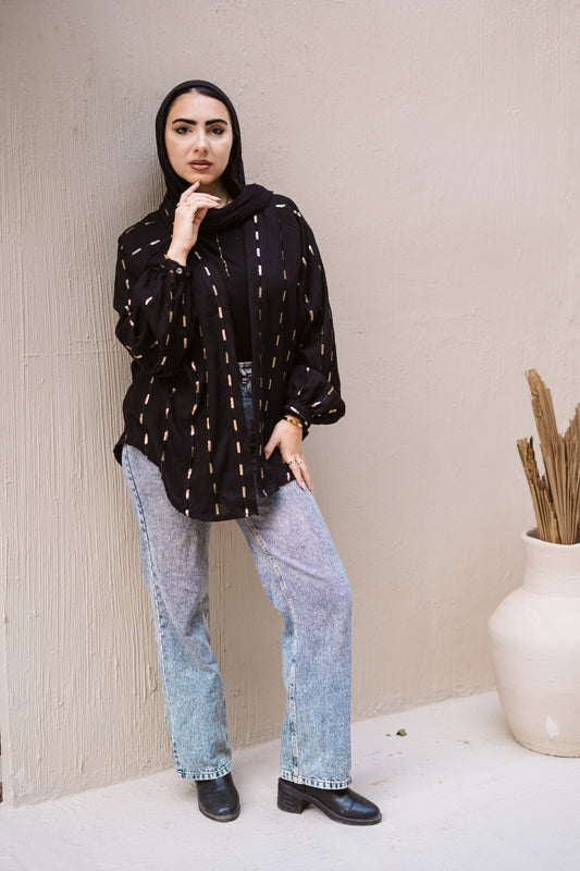 Midnight Black Glow Linen Kimono